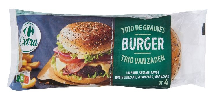 Burger trio de graines lin brun, sésame, pavot x4 300g Carrefour Extra : photo du produit rappelé le 09/08/2024