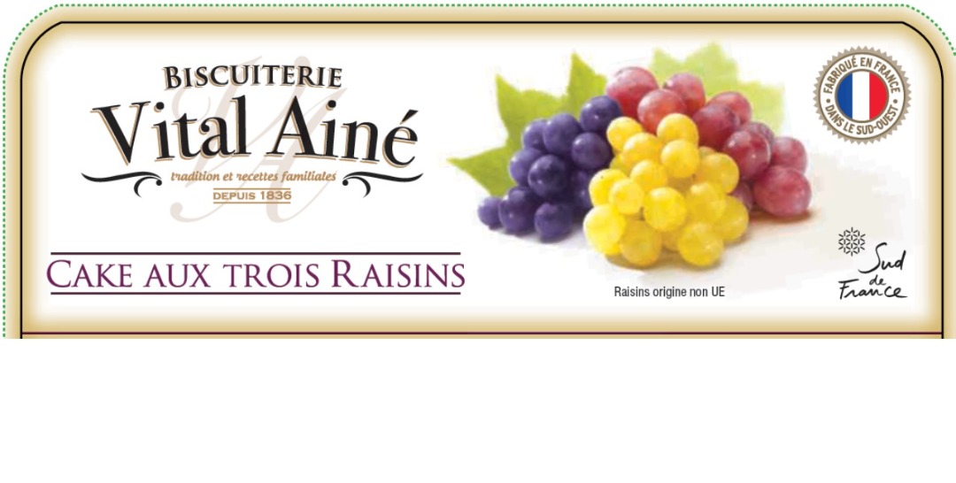 Cake au trois raisins 340 g Biscuiterie Vital : photo du produit rappelé le 30/06/2022