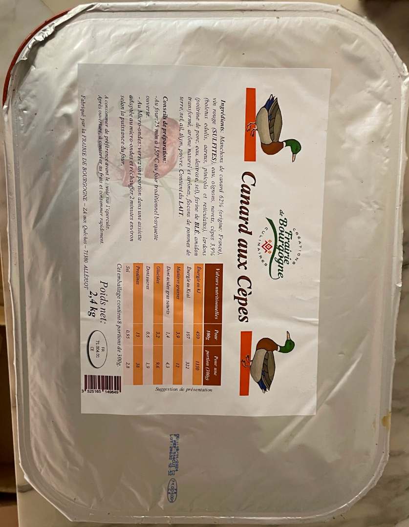 Canard aux cèpes 2,4kg La Frairie de Bourgogne : photo du produit rappelé le 30/10/2023