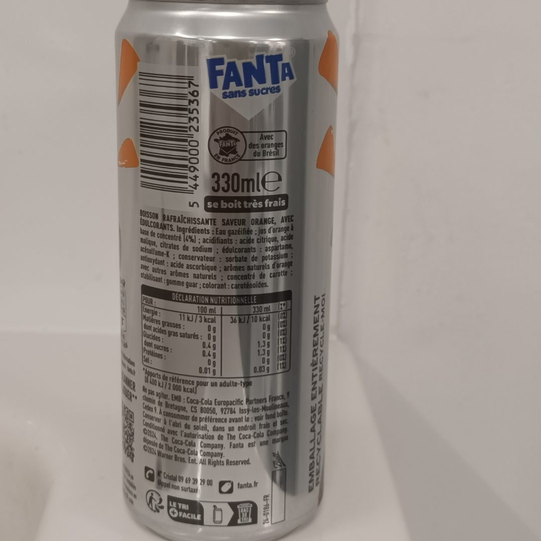 Canette boisson rafraîchissante Fanta Orange Sans Sucres en Canette 33cl : photo du produit rappelé le 05/09/2024