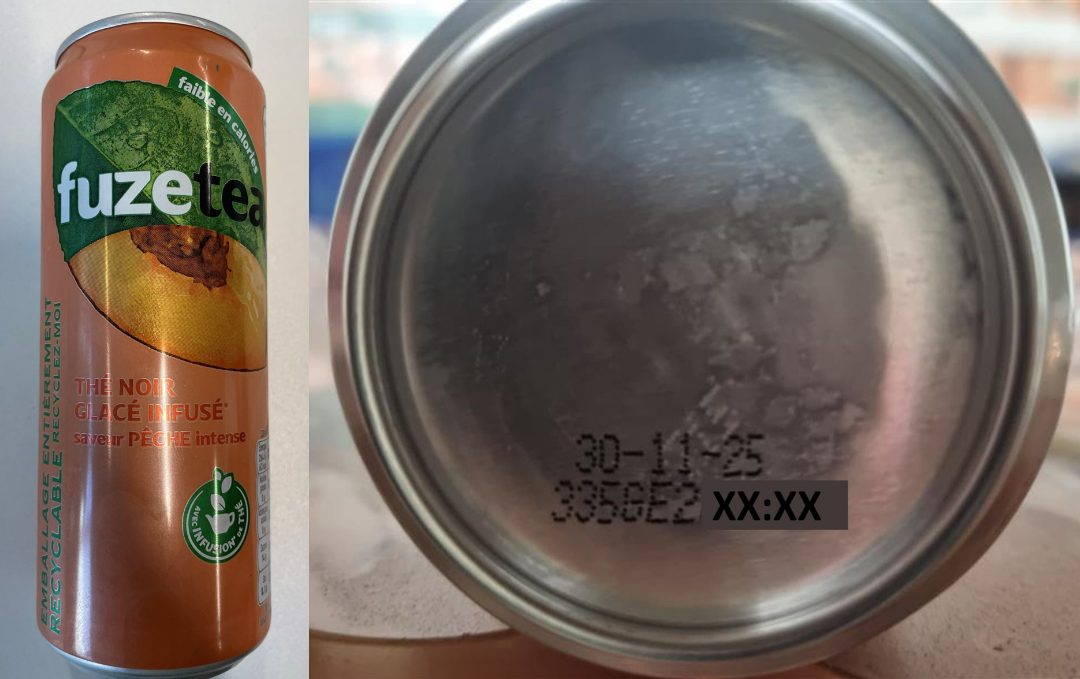 Canettes 33cl boisson rafraîchissante à l'infusion de thé Fuze Tea Pêche : photo du produit rappelé le 29/01/2025