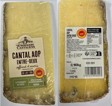 Cantal AOP entre-deux au lait cru 180g Les Fromagers Cantaliens : photo du produit rappelé le 09/07/2024