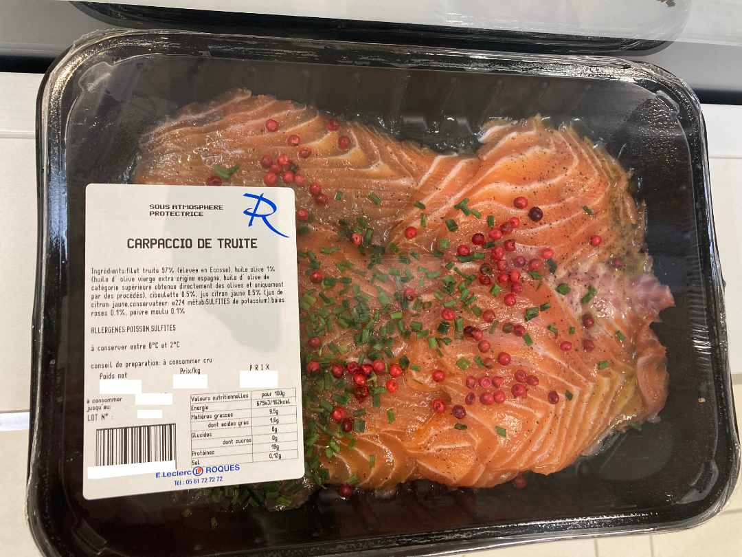 Carpaccio de truite vendu Sans Marque (fabriqué en Magasin) : photo du produit rappelé le 07/07/2022