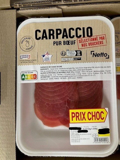 Carpaccio pur boeuf Netto : photo du produit rappelé le 27/06/2023