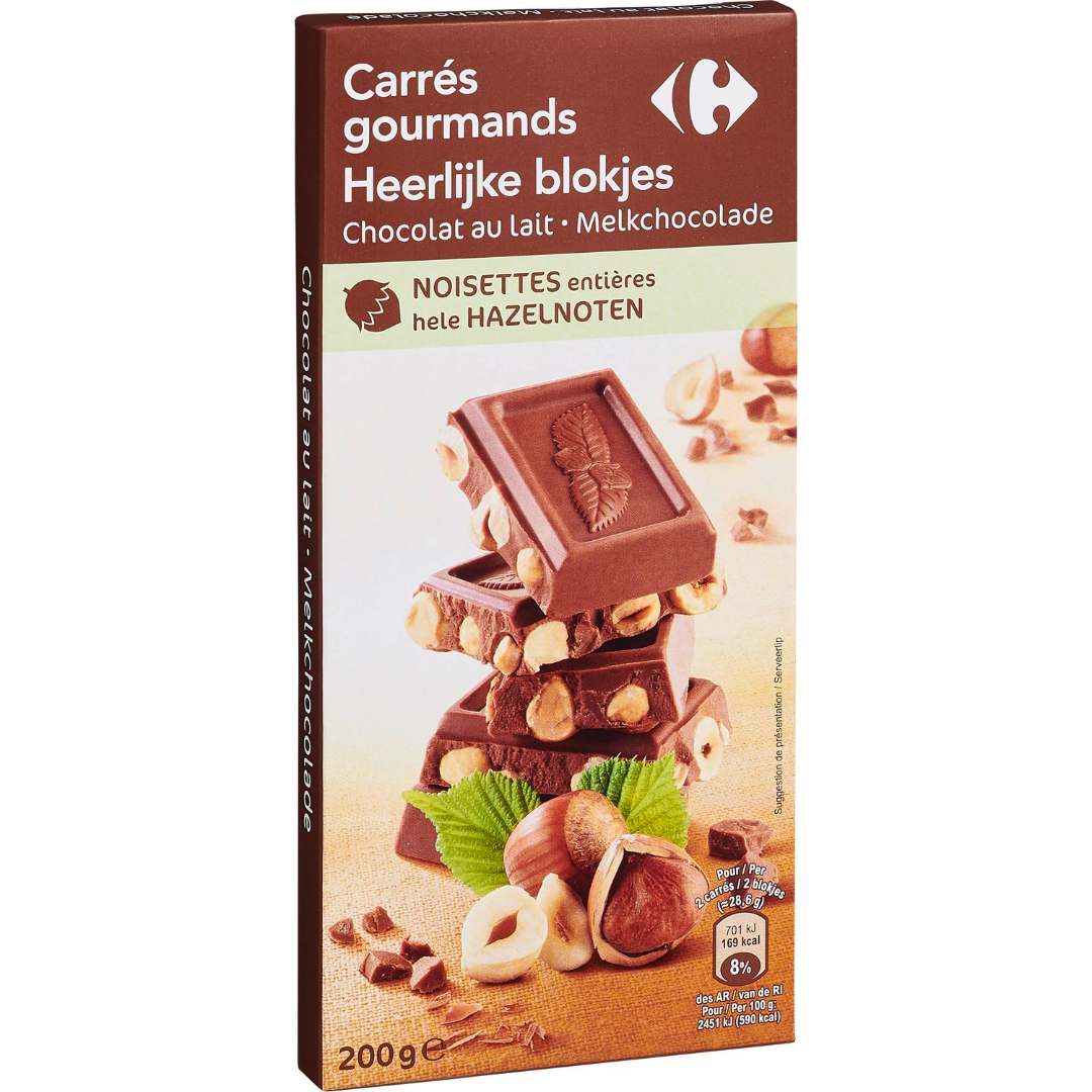 Carrés gourmands chocolat lait noisettes entières Carrefour : photo du produit rappelé le 21/09/2021