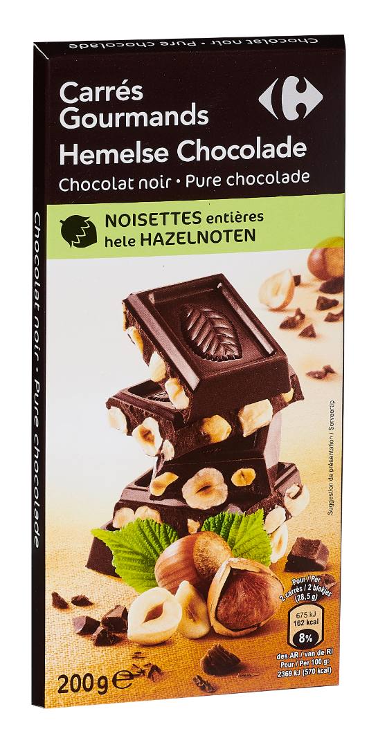 Carrés gourmands chocolat noir noisettes entières Carrefour : photo du produit rappelé le 21/09/2021