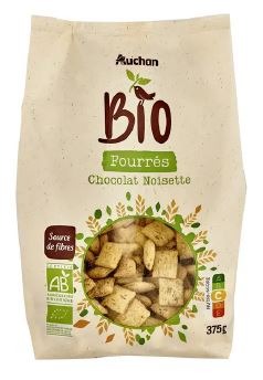 Cereales coussins fourrés chocolat noisette Auchan BIO : photo du produit rappelé le 18/10/2024