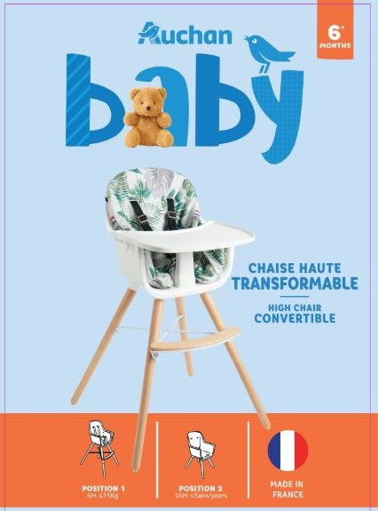 Chaise haute transformable Auchan baby : photo du produit rappelé le 17/02/2025