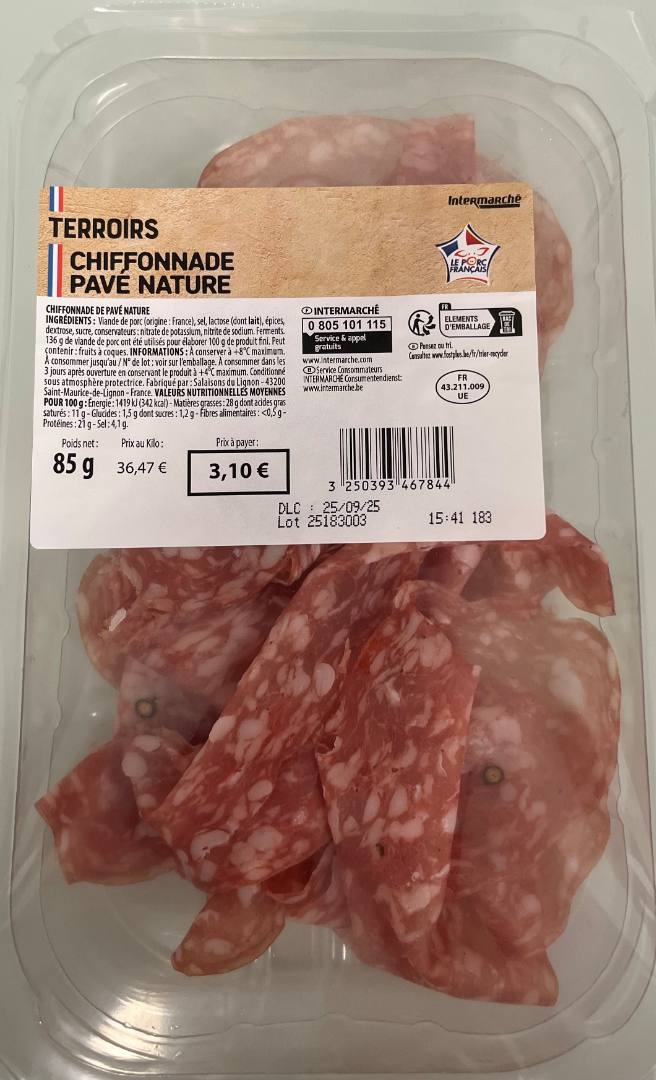 Chiffonnade de pavé nature 85g Terroirs : photo du produit rappelé le 09/07/2025