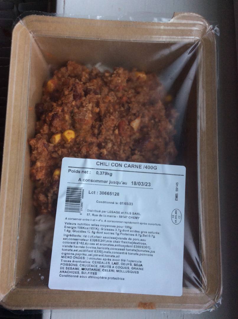 Chili con carne : photo du produit rappelé le 09/03/2023