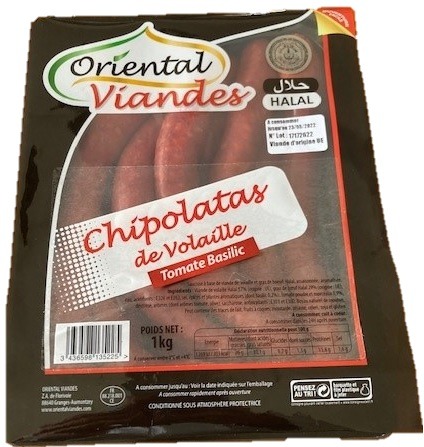 Chipolata de volaille tomate basilic halal Oriental Viandes : photo du produit rappelé le 03/05/2022