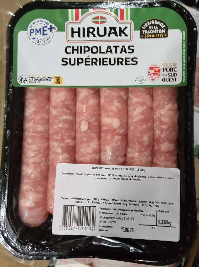 Chipolata issue du porc IGP du sud-ouest Hiruak : photo du produit rappelé le 04/06/2026
