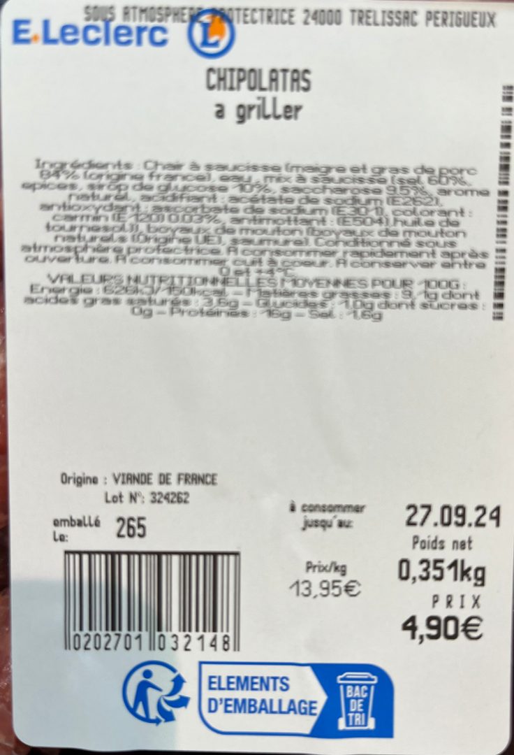 Chipolatas à griller : photo du produit rappelé le 23/09/2024