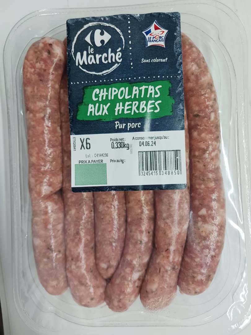 Chipolatas, chipolatas aux herbes, chair à saucisse, farce Carrefour : photo du produit rappelé le 27/05/2024