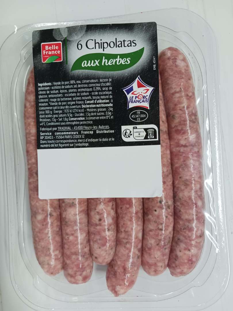 Chipolatas, chipolatas aux herbes, saucisses fumées, assortiment Bel France : photo du produit rappelé le 27/05/2024