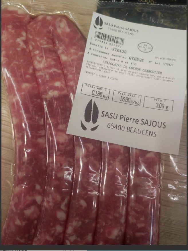Chipolatas de cochon charcutier Pierre Sajous : photo du produit rappelé le 07/05/2026