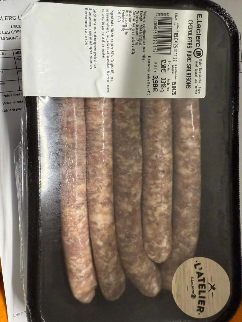 Chipolatas porc salaison L'Atelier : photo du produit rappelé le 11/04/2025
