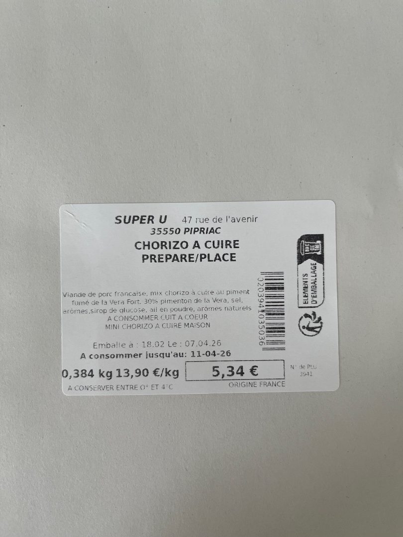 Chorizo à cuire préparé sur place : photo du produit rappelé le 09/04/2026