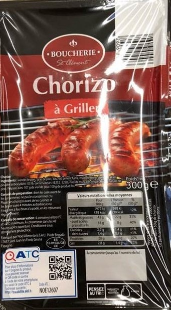 Chorizo a griller 300g Boucherie ST Clement : photo du produit rappelé le 08/06/2021