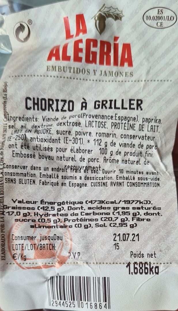 Chorizo a griller La Alegria : photo du produit rappelé le 15/07/2021