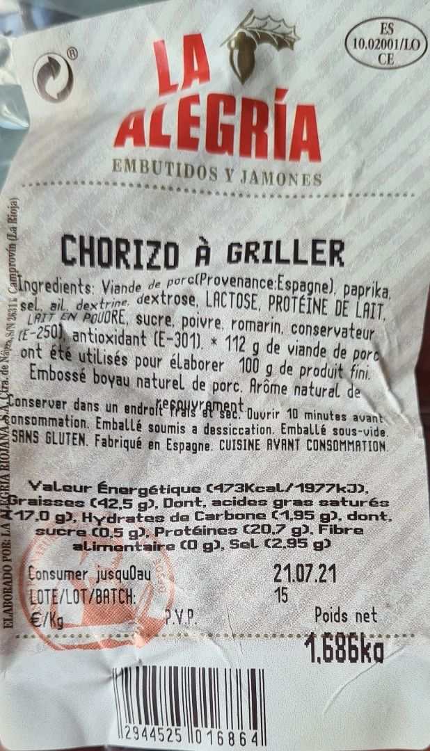 Chorizo à griller La Alegria Riojana S.A : photo du produit rappelé le 13/07/2021