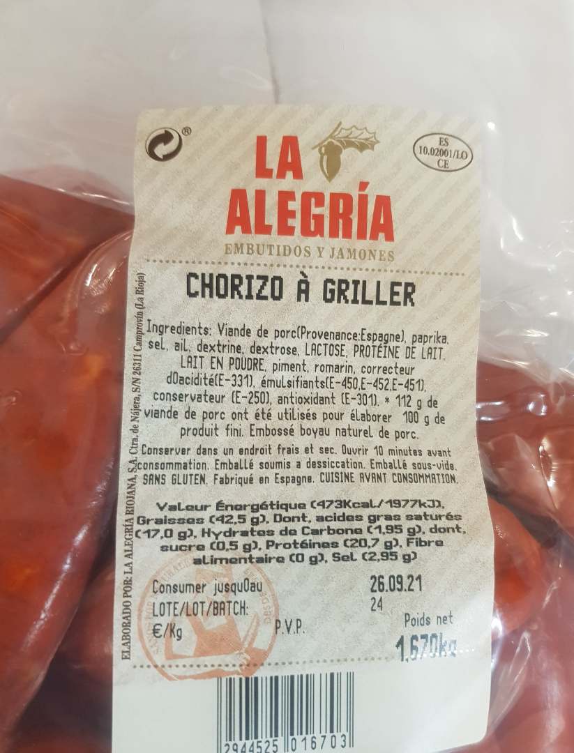 Chorizo doux a griller La Alegria : photo du produit rappelé le 09/07/2021