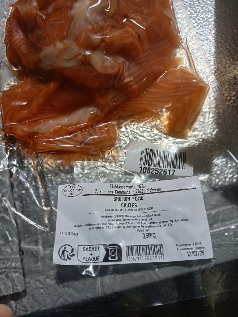Chutes de saumon fumé 500g : photo du produit rappelé le 03/07/2025