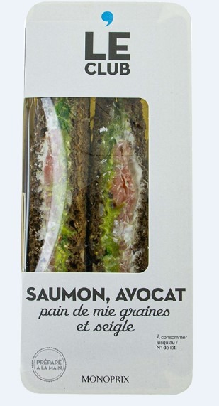 Club saumon fume fromage frais citron vert Monoprix sandwich au saumon : photo du produit rappelé le 26/08/2021