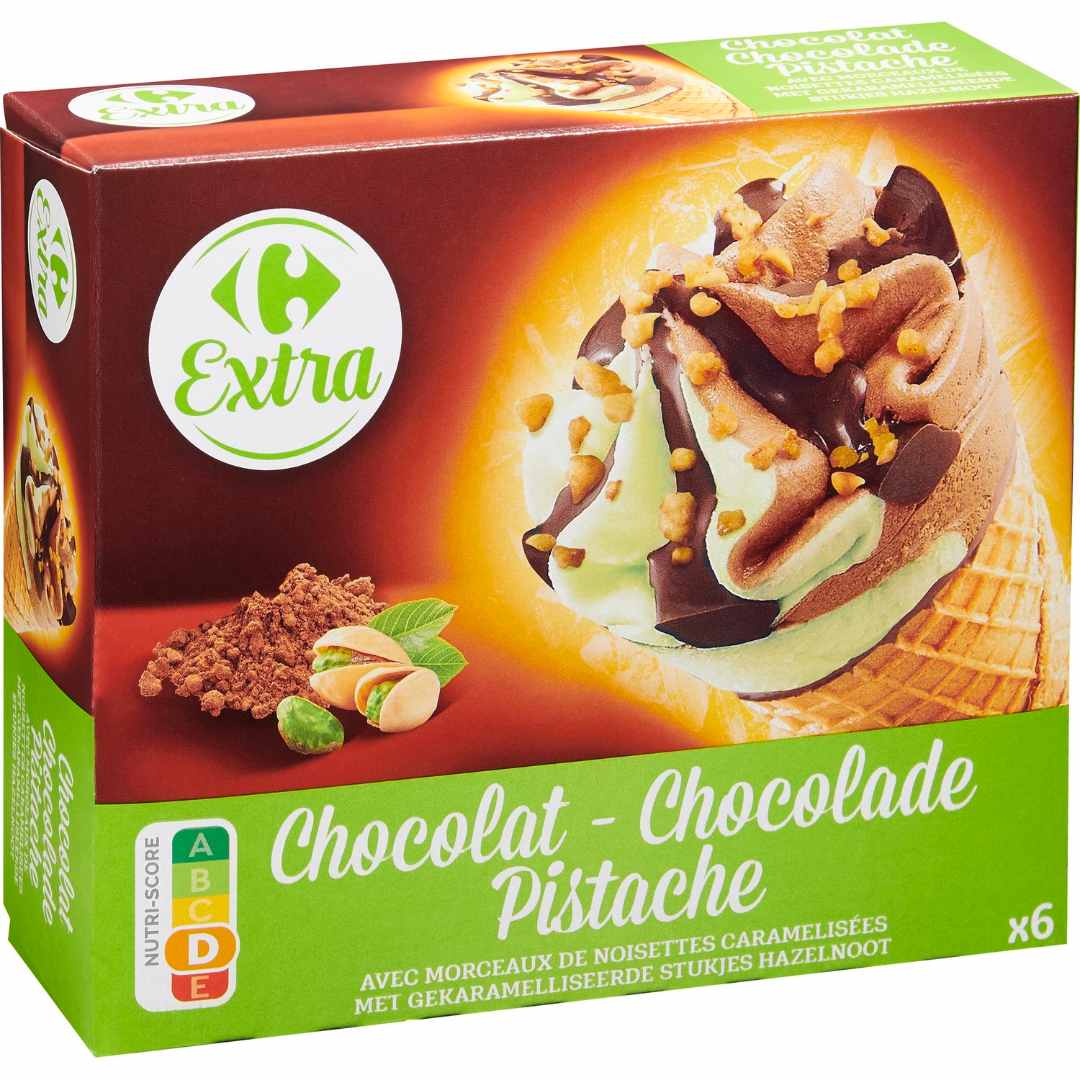 Cône chocolat pistache avec morceaux de noisettes Carrefour Extra : photo du produit rappelé le 29/07/2021