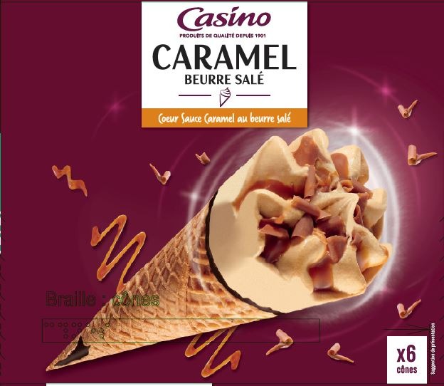 Cônes glacés x6 720ml Casino vanille/fraise, caramel beurre salé : photo du produit rappelé le 30/07/2021