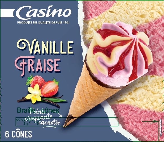 Cônes glacés x6 720ml Casino vanille/fraise, caramel beurre salé : photo 2 sur 3 du produit rappelé le 30/07/2021