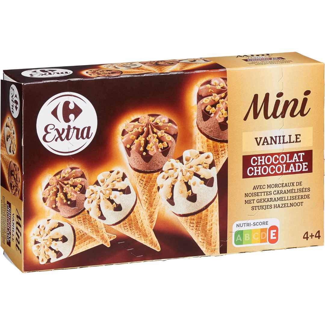 Cônes mini vanille chocolat avec morceaux de noisettes Carrefour Extra : photo du produit rappelé le 29/07/2021