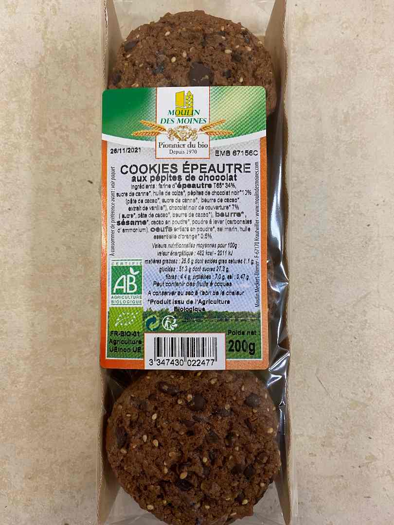 Cookies epeautre choco orange Moulin des Moines : photo du produit rappelé le 10/06/2021