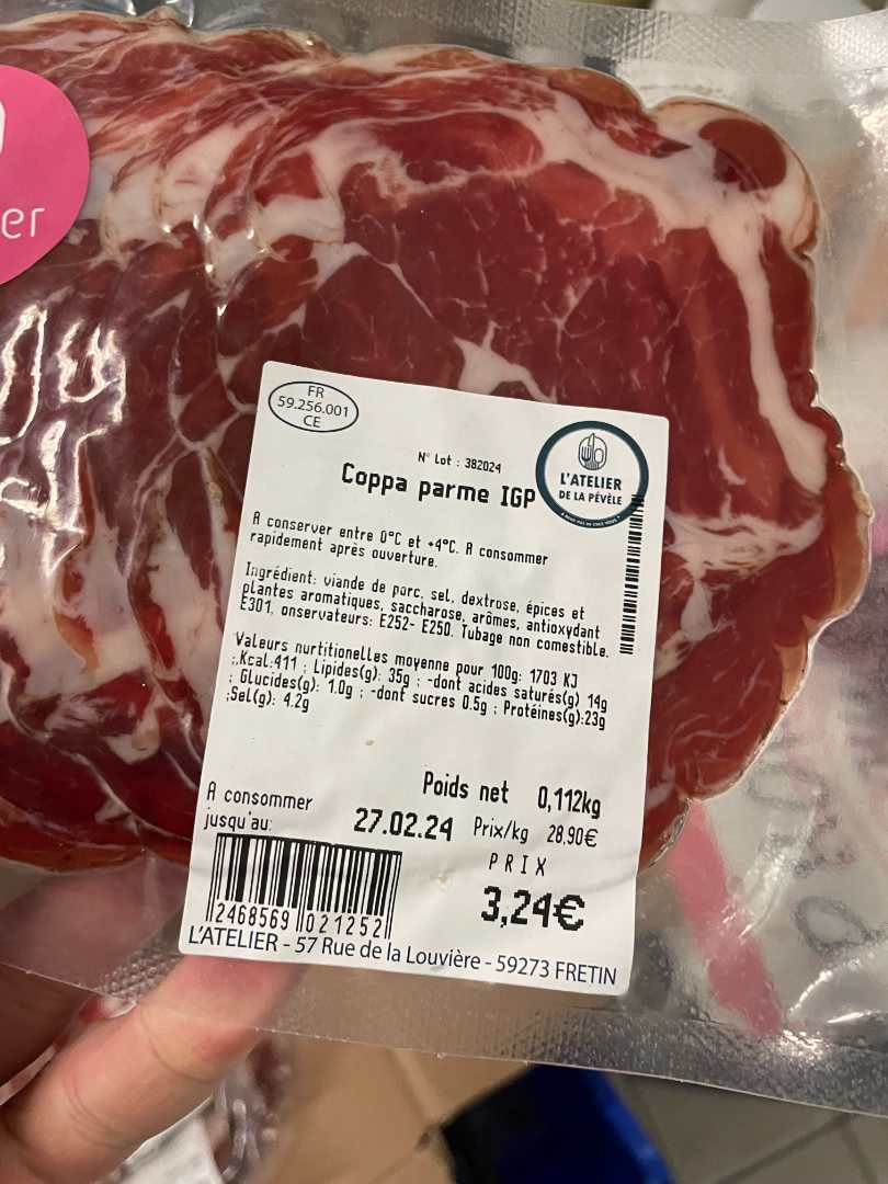 Coppa parme IGP L'Atelier : photo du produit rappelé le 16/02/2024