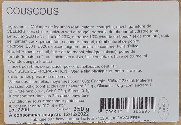 Couscous 350g Saveurs d'Antoine : photo 2 sur 2 du produit rappelé le 08/11/2022