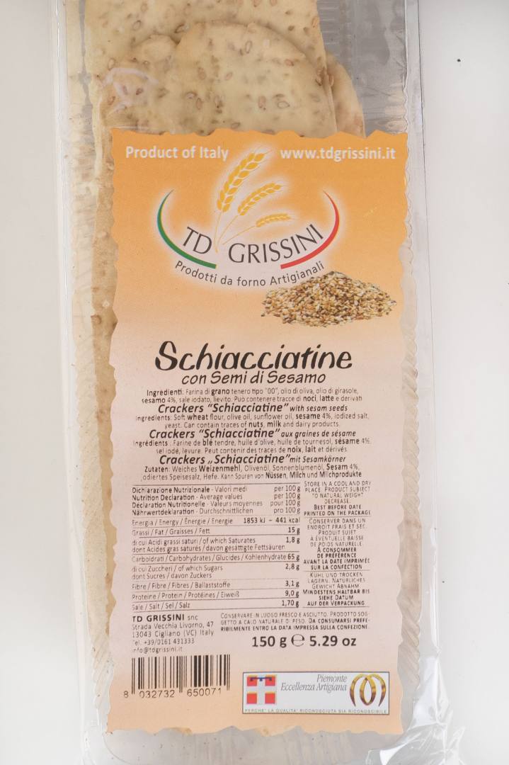Crackers schiacciatine aux graines de sésame 150g TD Grissini : photo du produit rappelé le 04/05/2021