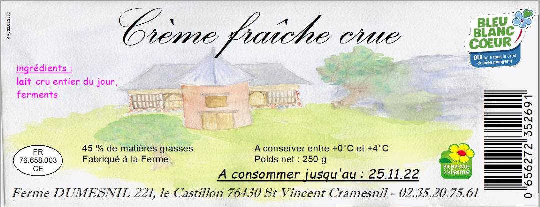 Creme crue La Ferme Dumesnil : photo du produit rappelé le 14/11/2022