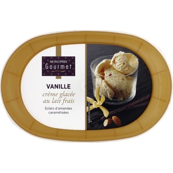 Creme glacee a la vanille avec eclats d’amandes Monoprix Gourmet : photo du produit rappelé le 12/07/2023
