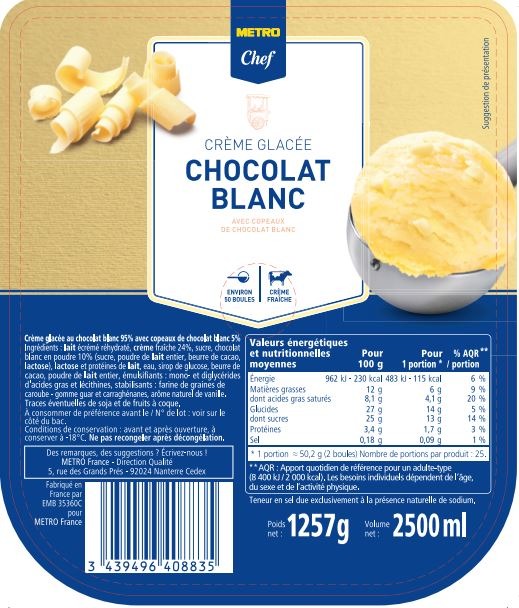 Crème glacée chocolat blanc 2,5l Metro chef : photo du produit rappelé le 08/03/2022