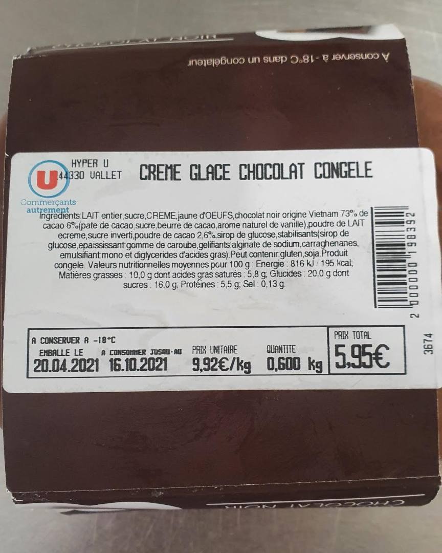 Creme glacée chocolat noir La Glace : photo 2 sur 2 du produit rappelé le 29/06/2021
