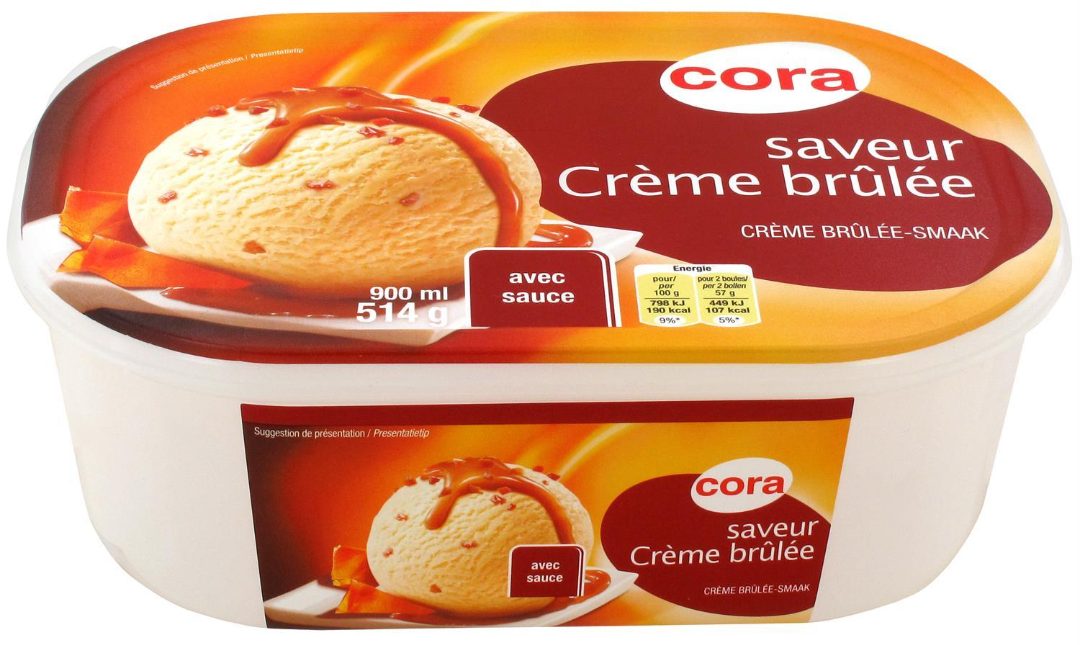 Crème glacée façon crème brûlée bac 900 ml Cora : photo du produit rappelé le 28/07/2021