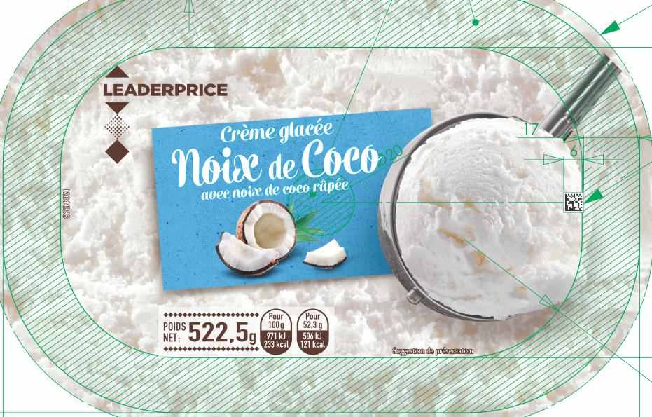 Crème glacée noix de coco avec noix de coco râpée 522,5g - leader price : photo du produit rappelé le 30/07/2021