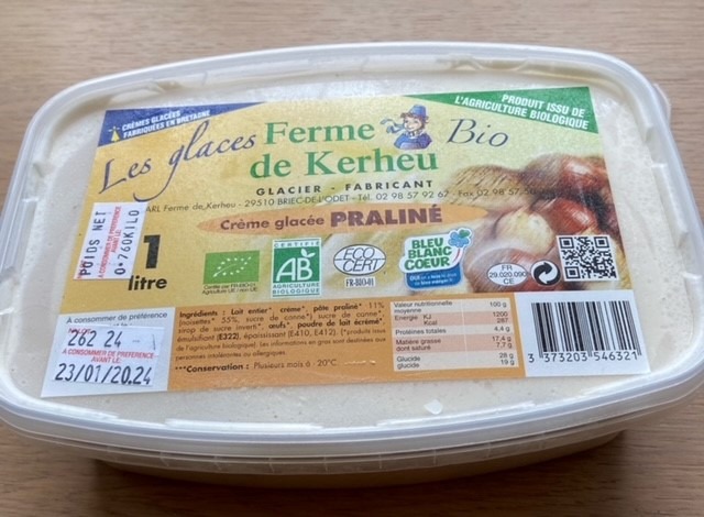 Crème glacée praliné biologique Ferme de Kerheu : photo du produit rappelé le 24/02/2022