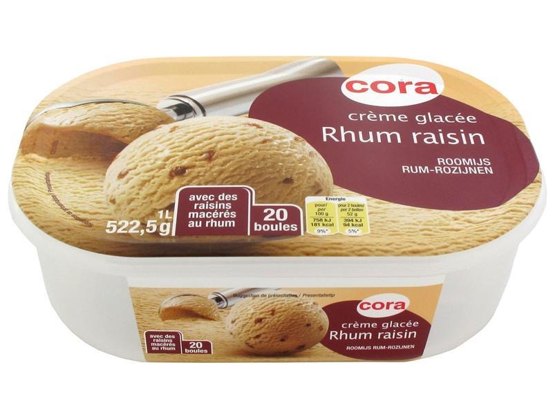 Crème glacée rhum raisin bac 1l Cora : photo du produit rappelé le 29/07/2021