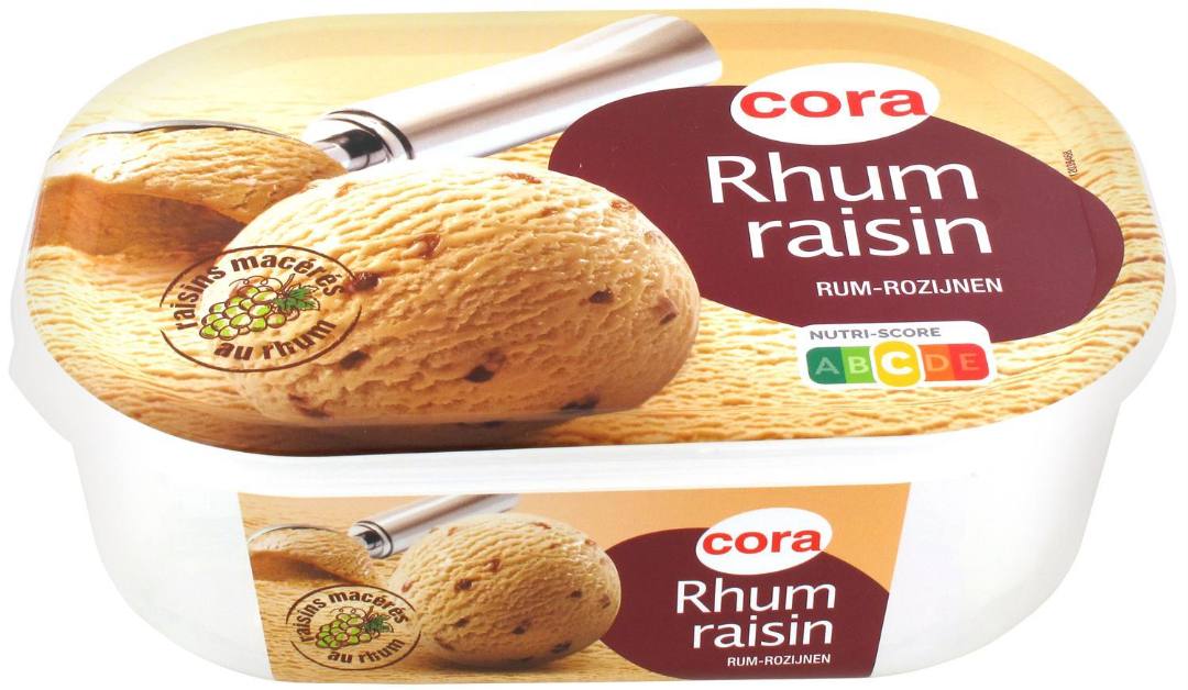 Crème glacée rhum raisin bac 1l Cora : photo du produit rappelé le 29/07/2021
