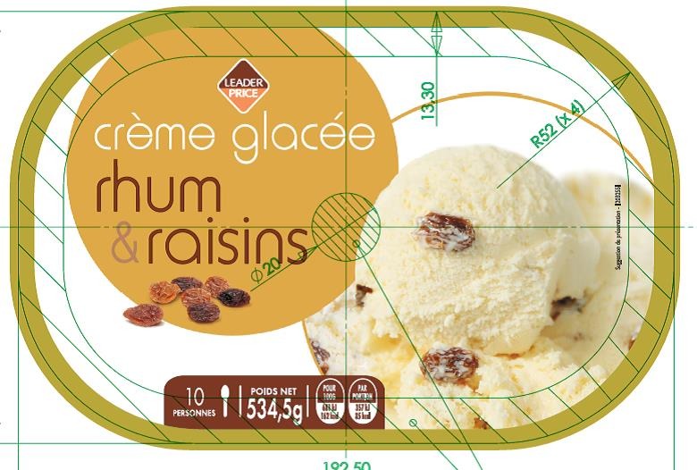 Crème glacée rhum & raisins, 534,5g / 1l, leader price : photo du produit rappelé le 03/02/2022