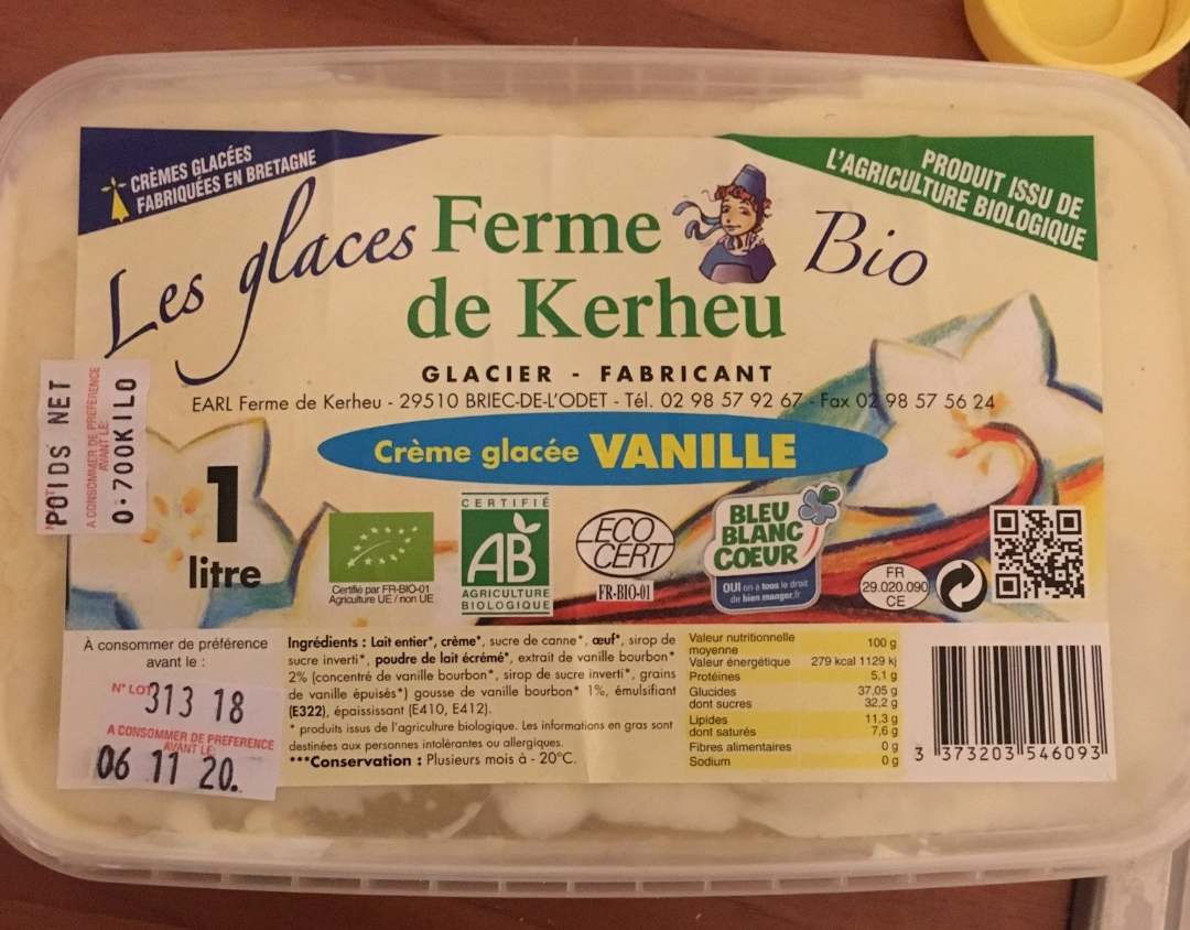Crème glacée vanille biologique Ferme de Kerheu : photo du produit rappelé le 24/02/2022
