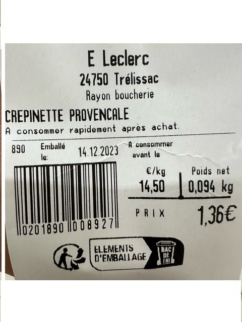 Crépinette de porc provencale Fabrication sur Place : photo du produit rappelé le 14/12/2023