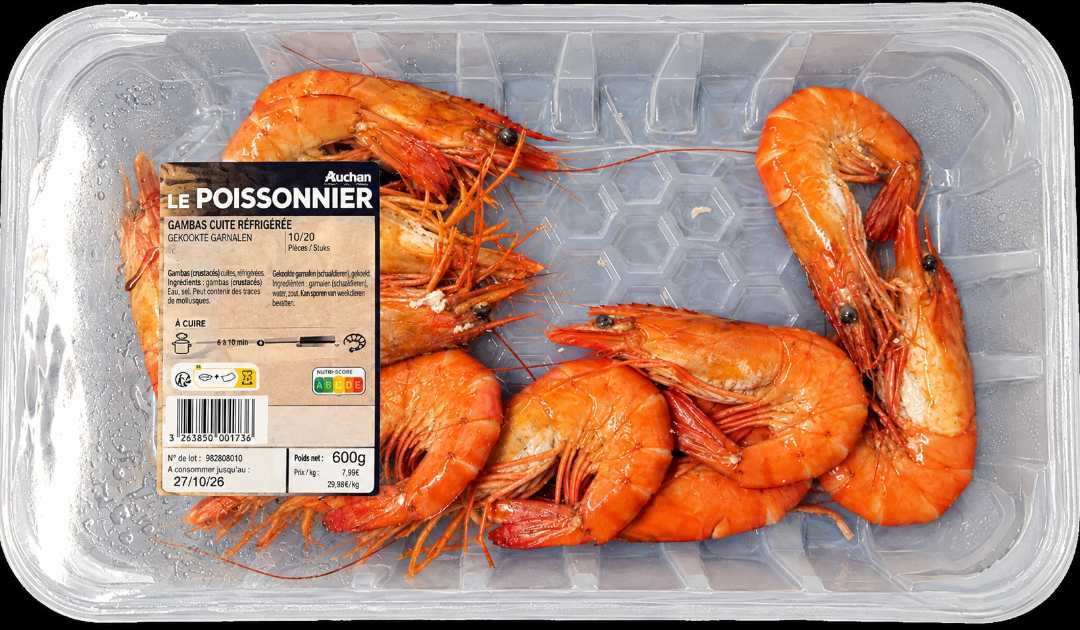 Crevette entière cuite réfrigérée penaeus monodon Auchan le Poissonnier : photo du produit rappelé le 19/10/2026