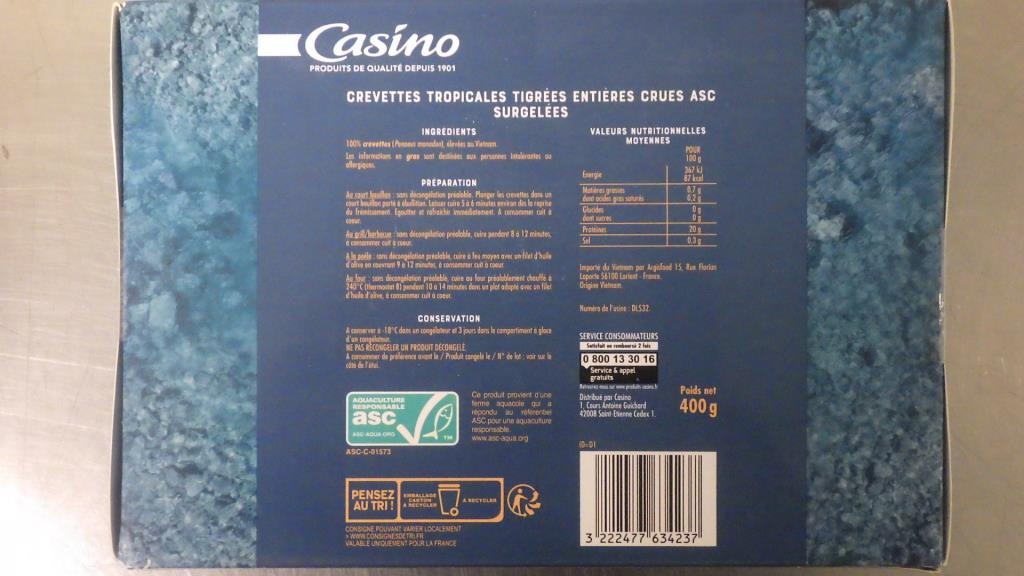 Crevette entières tropicales surgelées 400g Casino : photo 3 sur 3 du produit rappelé le 19/04/2021
